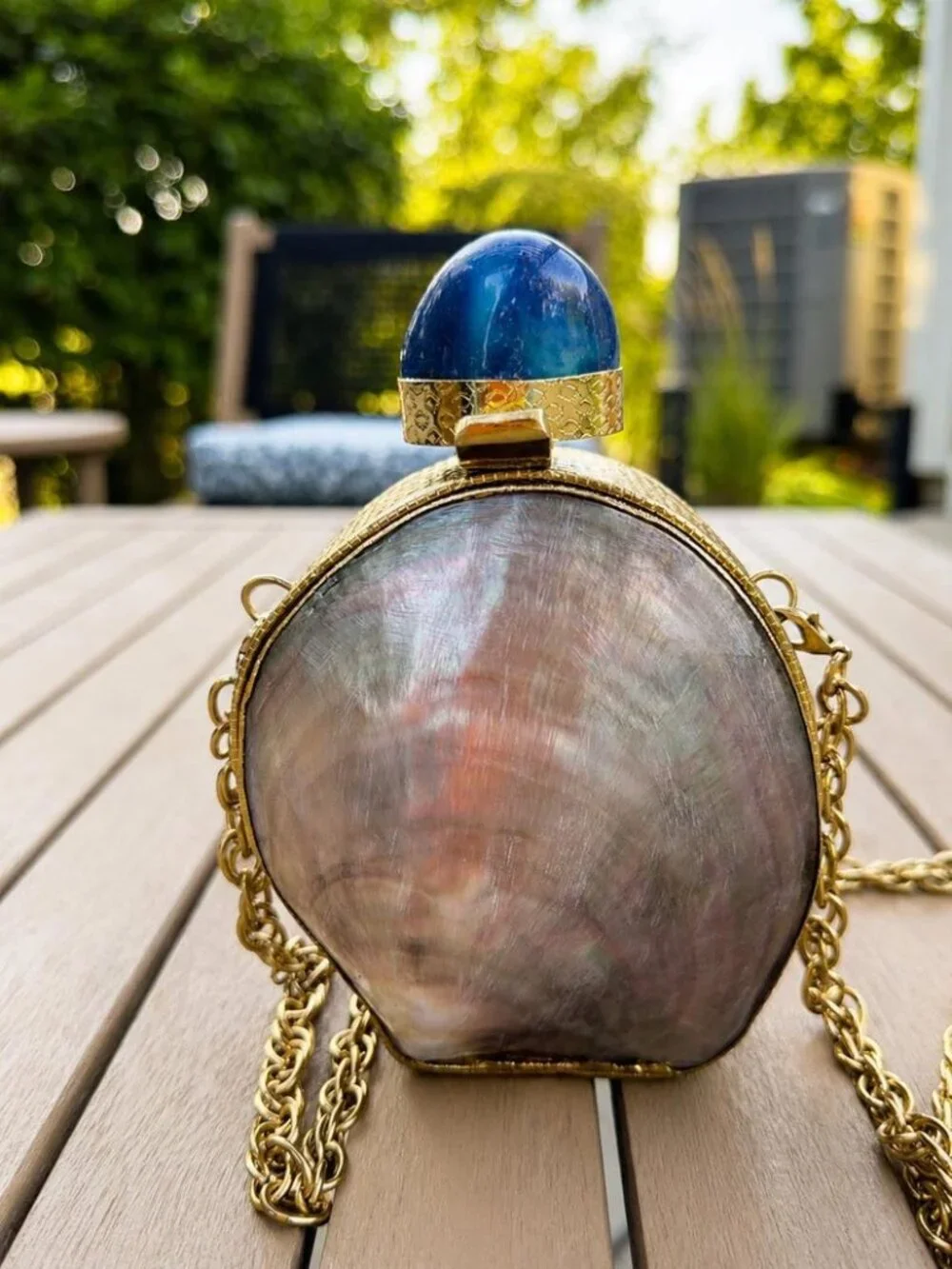 Natural Mother of Pearl Shell Mini Clutch Bag Blue Stone Gold Chain